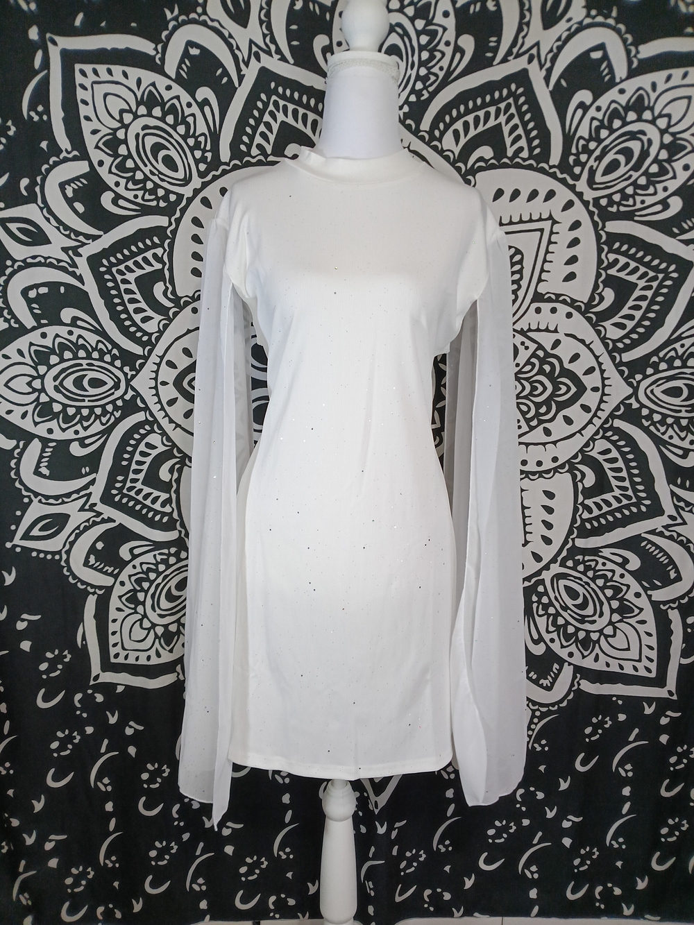Elegant White Long-Sleeve Sheer Panel Women's Dress